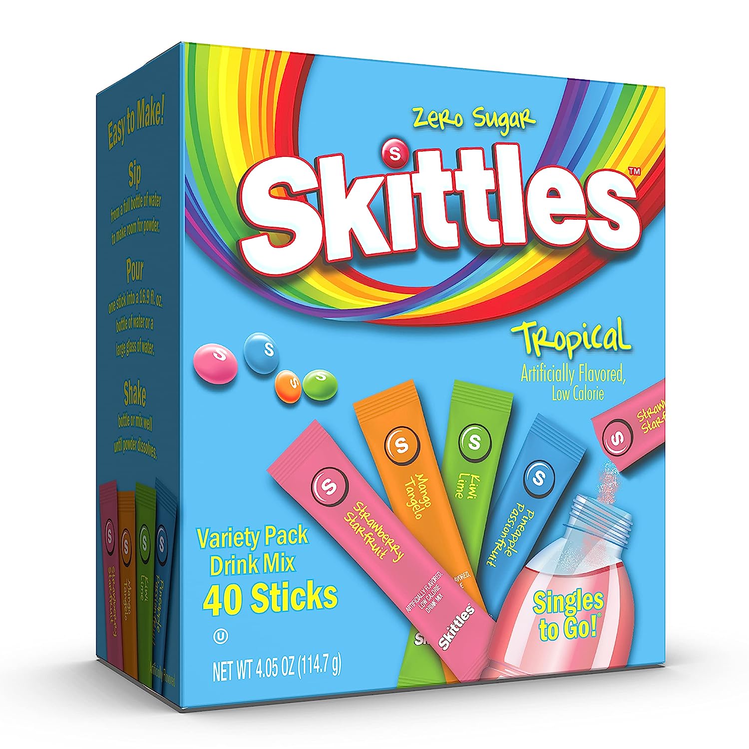 Skittles Singles To Go Tropical Flavors Variety Pack， Powdered Drink Mix， Includes 4 Flavors， Strawberry Starfruit， Mango Tangelo， Kiwi Lime， Pineapple Passionfruit， 40 Count - Image 1